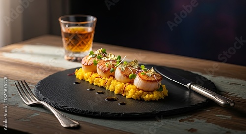 Gourmet seared scallops served on a black plate with a drink and utensils