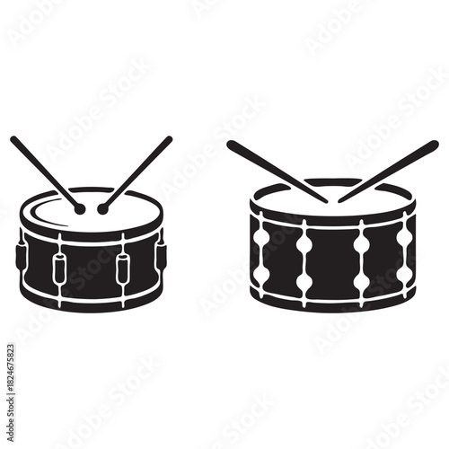 Silhouette of two drums with drumsticks on white background