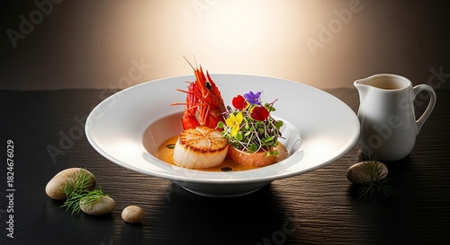 Delicious panseared scallops and langoustine with salad in a white bowl