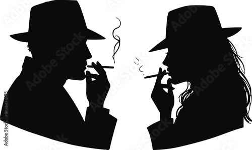 Vintage Film Noir Style Silhouette Vector Illustration of a Man and Woman in Fedoras, Smoking Cigarettes, Capturing a Retro, Mysterious, and Cinematic Mood.