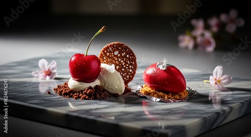 Elegant cherry dessert with cream and chocolate wafer on marble