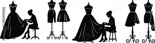 Set of Silhouette Illustrations of Seamstress Working on Elegant Wedding Dress and Mannequins Displaying Cocktail and Ball Gowns, Vector.
