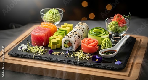 Elegant sushi and sashimi platter with various japanese delicacies
