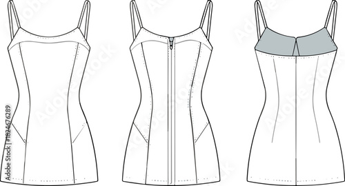 Sleeveless Mini Dress Technical Fashion Sketch CAD Drawing with Zipper Front Detail and Princess Seams, Vector Template for Designers.