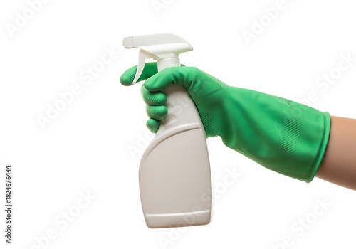 Hand in green glove holding white spray bottle ready to clean isolated on transparent background