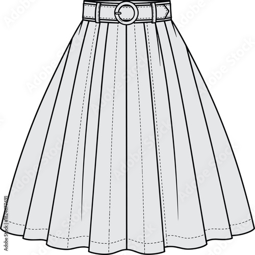 Flat technical sketch, elegant belted A-line midi skirt fashion illustration, women's apparel design, ready-to-wear commercial vector CAD, pleated full flare.