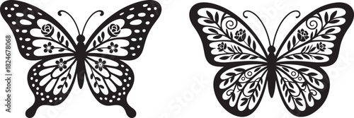 Two ornate black and white butterflies with intricate wing patterns