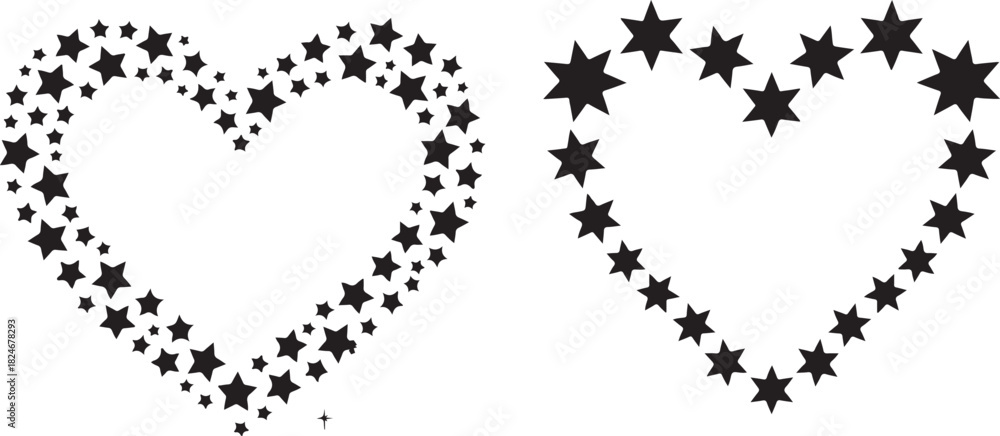 Fototapeta premium Two black hearts with star patterns on a white background
