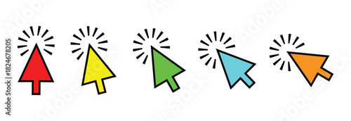 A row of colorful computer mouse cursors with click indicators on a white isolated background view
