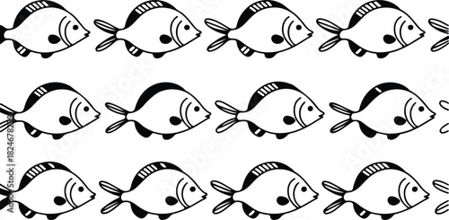 Charming seamless pattern of cute cartoon fish swimming in a cheerful row