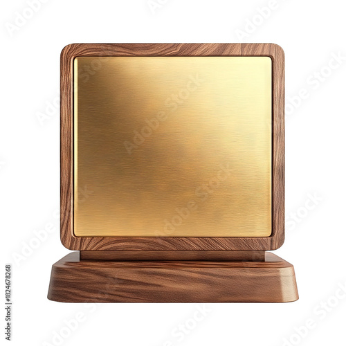Wooden award trophy with gold plate isolated on a transparent white background, clipping path, pen tool