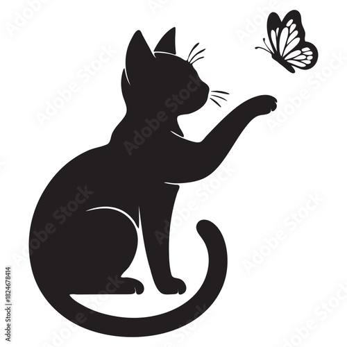 Black silhouette of a cat reaching for a butterfly