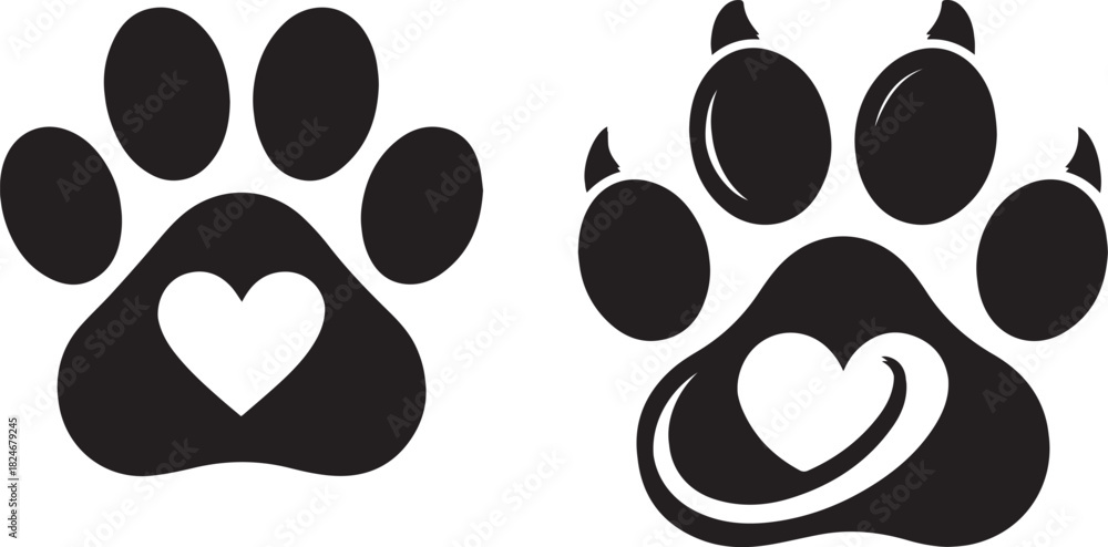 Fototapeta premium Two black dog paw prints with white hearts inside one featuring a swirl