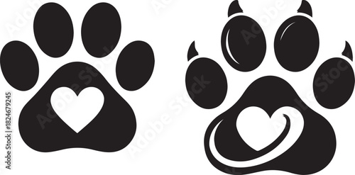 Two black dog paw prints with white hearts inside one featuring a swirl