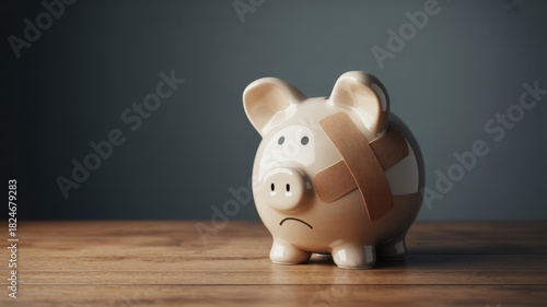 Sad piggy bank with a bandage on its side, symbolizing financial crisis, debt, or broken savings on a wooden table