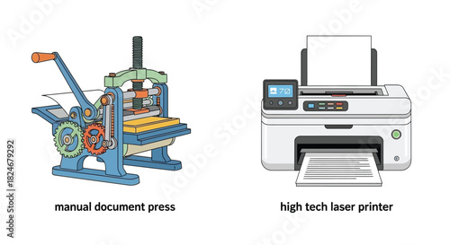 Vintage printing press alongside a modern laser printer technology evolution