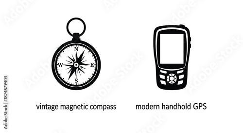 A vintage compass and a modern handheld gps device are displayed