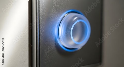 Close up of a modern electronic device with a glowing blue circular indicator light