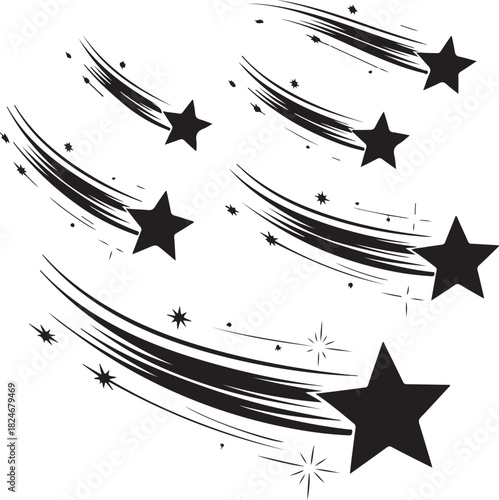 Set of five dynamic black shooting stars with brush stroke trails on white background