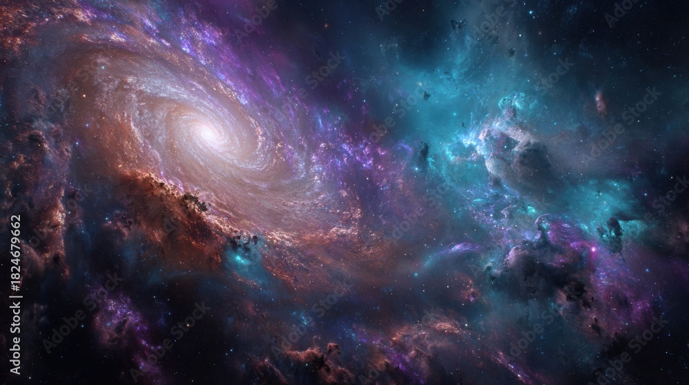 Fototapeta premium A stunning cosmic landscape features a spiral galaxy illuminated by vibrant hues of purple and blue, surrounded by ethereal nebulae and shining stars, emphasizing the vastness of space.