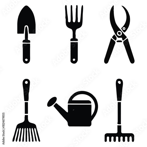 Collection of black silhouettes of gardening tools