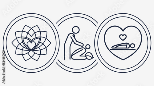 “Wellness and therapy outline icons, smooth stroke, monochrome black vector, scalable SVG, minimal aesthetic, UI/UX friendly set”
