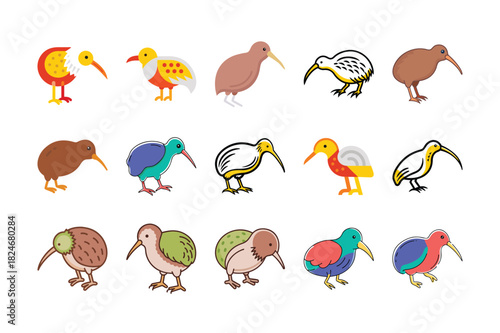Kiwi Bird Icon Bundle, Cute Kiwi Bird Vector Set, Kiwi Bird Cartoon Icons Collection, Flat Kiwi Bird Illustrations Pack, New Zealand Kiwi Bird Graphic Set