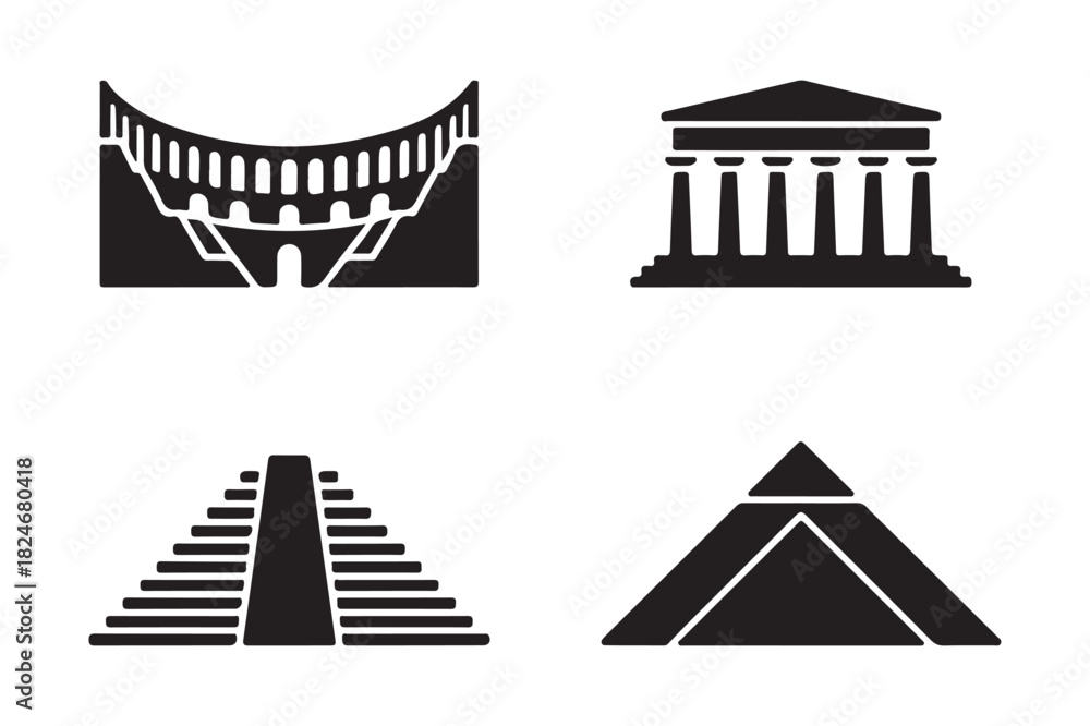 Fototapeta premium Collection of iconic ancient architectural silhouettes