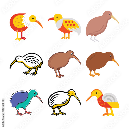 Kiwi Bird Icon Bundle, Cute Kiwi Bird Vector Set, Kiwi Bird Cartoon Icons Collection, Flat Kiwi Bird Illustrations Pack, New Zealand Kiwi Bird Graphic Set