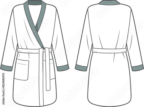 Bathrobe kimono robe CAD drawing, front and back view belted spa robe flat vector illustration for apparel technical fashion design