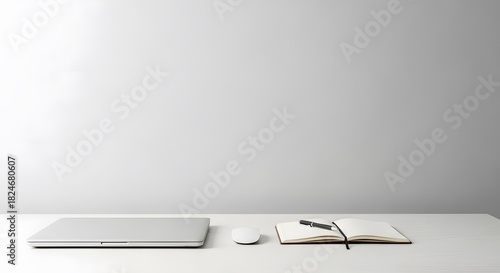 Minimalist desk setup with laptop notebook and pen on white surface