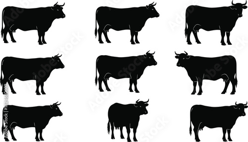 Black Cow Silhouette Collection, Bull and Cattle Farm Animals Set, Livestock Vector Illustration Icons, Rural Agriculture Design Elements Pack