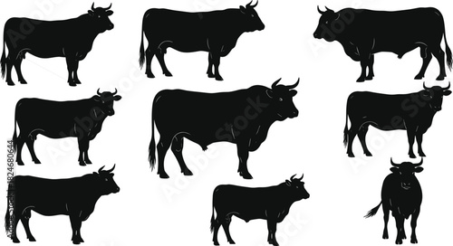 Bull and Cattle Silhouette Set, Black Livestock Farm Animal Icons, Beef Industry Vector Collection for Agriculture Branding and Design Projects