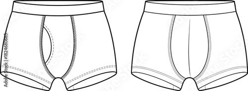 Men boxer briefs underwear front and back view apparel technical flat design template cad drawing flat vector illustration
