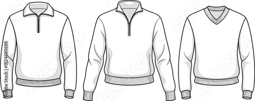Men half zip sweatshirt and v neck pullover front view collection, fashion apparel template set, cad drawing flat vector illustration