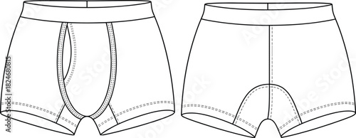 Men’s Boxer Brief Underwear Front And Back View Technical Fashion CAD Drawing Flat Vector Illustration For Apparel And Textile Design