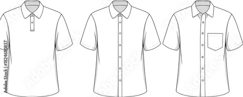 Men’s Polo And Button Shirt Variations Front View Technical Fashion CAD Drawing Flat Vector Illustration For Apparel Design And Clothing Production