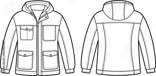 Parka jacket CAD drawing, front and back view hooded winter coat fashion flat vector illustration for apparel design specification sheet
