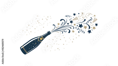 A champagne bottle silhouette with popping confetti in clean minimal vector style.