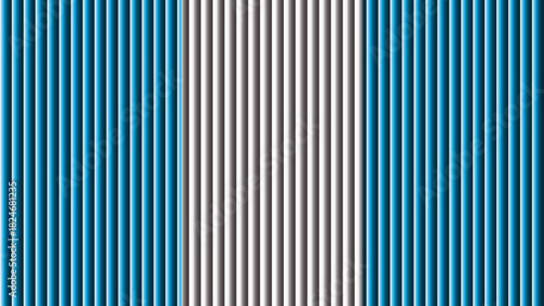 A striking vertical pattern of closely spaced blue and white stripes dominates the composition