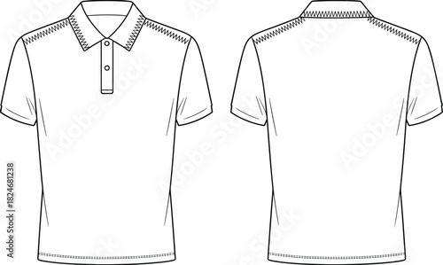 Polo Shirt With Decorative Stitching Front And Back View Technical Fashion CAD Drawing Flat Vector Illustration For Apparel Design