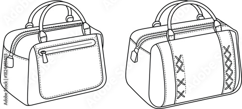 Structured Handbag And Duffel Bag Front And Side Views Technical Fashion CAD Drawing Flat Vector Illustration For Accessories Design
