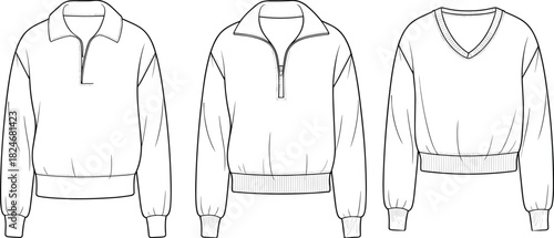 Sweatshirt and pullover CAD drawing set, half zip collar and v neck styles flat vector illustration for apparel technical fashion design