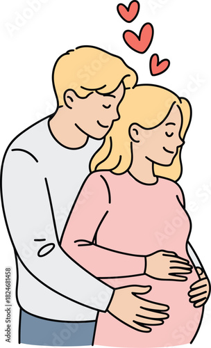 Affectionate cartoon couple with hearts, blonde hair characters embracing pregnant partner, emotional moment of love and support, vector illustration style
