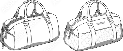 Travel Duffel Bag Front And Perspective Views Technical Fashion CAD Drawing Flat Vector Illustration For Luggage Design And Accessories Production