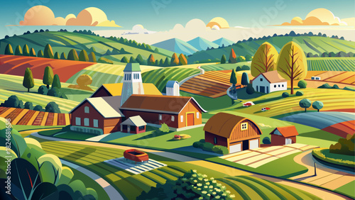 Very beautiful aerial view of a traditional American farm in the Pennsylvania countryside, featuring wide fields, classic barns, tree-lined roads, and a peaceful rural landscape under soft natural 