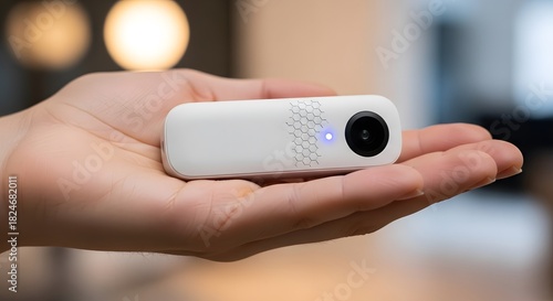Compact white mini camera held in a person s palm for portable surveillance