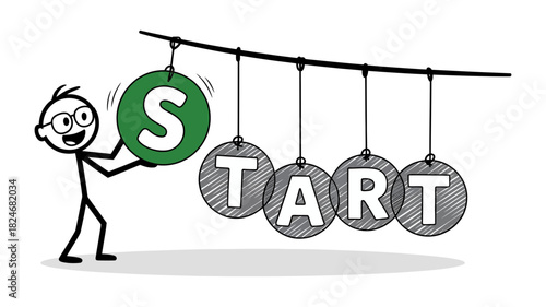 Stick man character holding a vibrant green 's' circle, completing the word start, symbolizing a new beginning and initiation of a project.