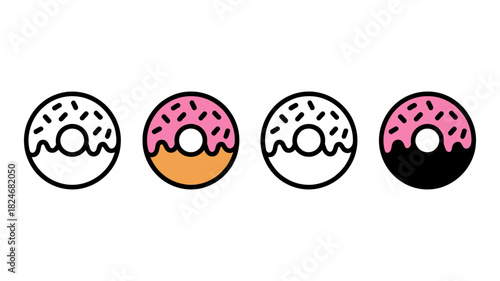 Minimalist donut icons set featuring four different designs with sprinkles and varied icing colors, perfect for web and app elements
