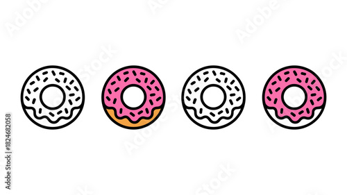 Sweet dessert treats: a charming row of four illustrated donut icons, showcasing both clean line art and colorful versions with pink icing and sprinkles.